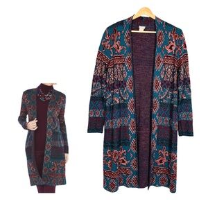 Chico's Tapestry Regal Jacquard Open
Front Cardigan Sweater Size Medium